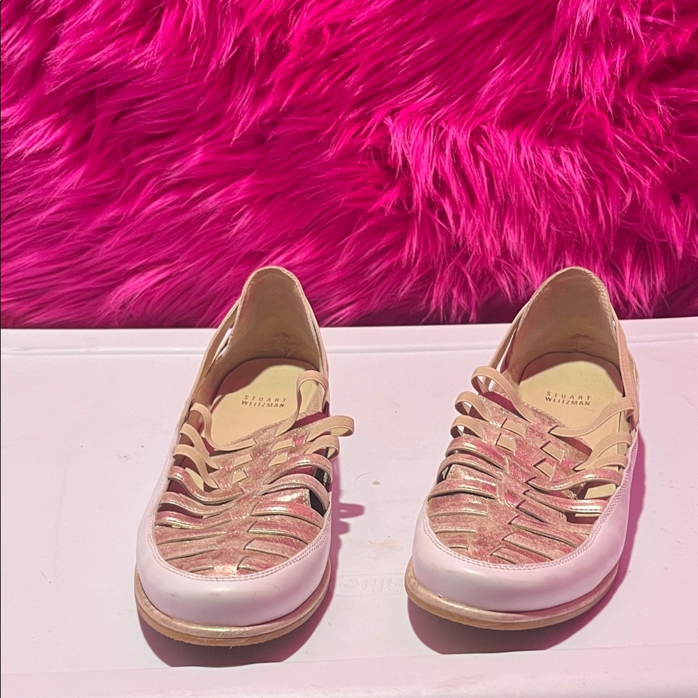 Stuart Weitzman Rose Gold Metallic Woven Leather Slip-Ons